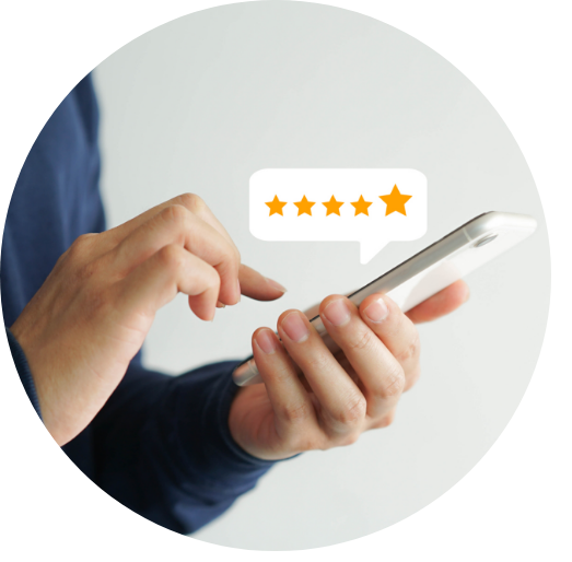hands holding smartphone with five stars above phone