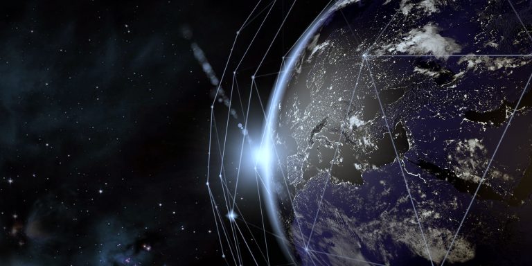 Earth View From Space With Global Communication Network lines around it