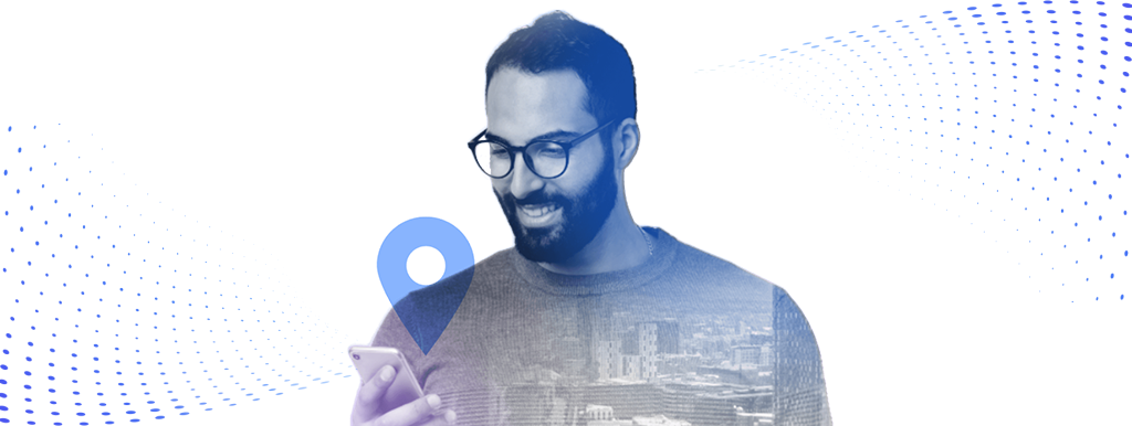 man using smartphone with location icon above phone