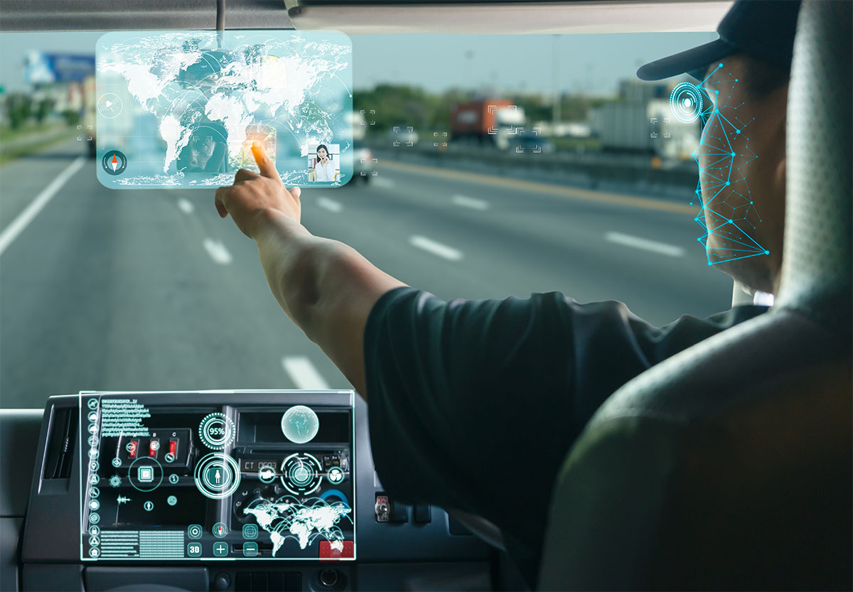 person driving with a screen showing a map