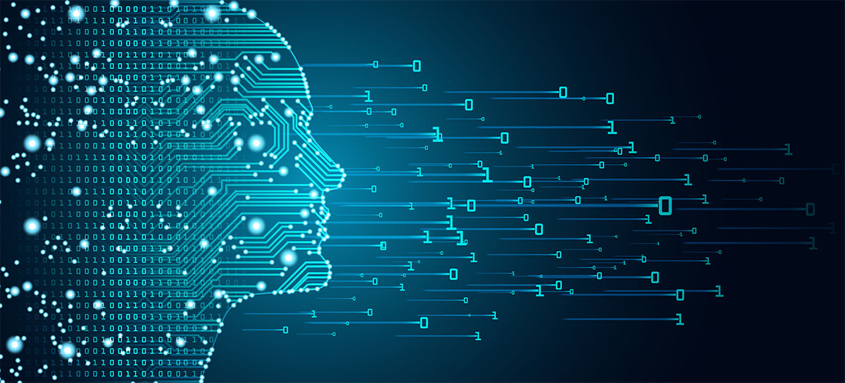 digital graphic of a human face made from computer circuits and numbers