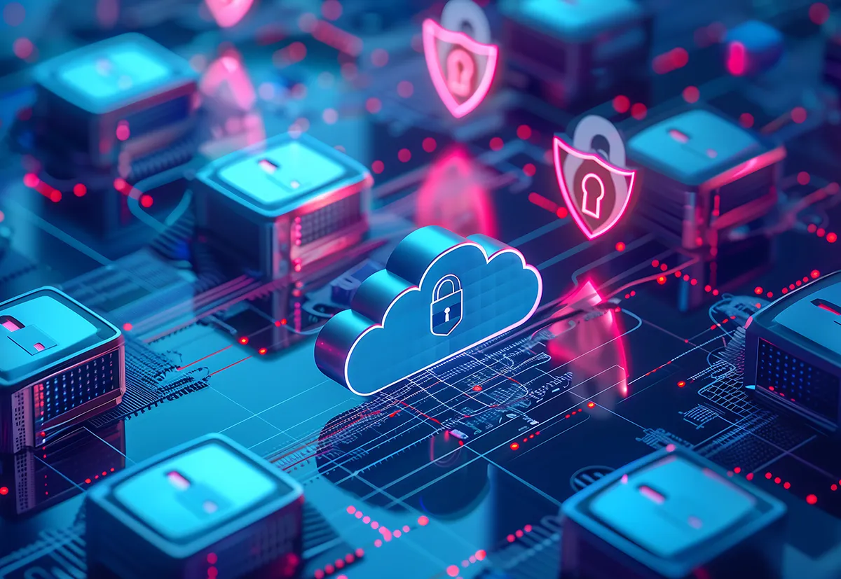 cloud security shield icons on digital background, data protection concept of online technology network connection in blue neon light colors