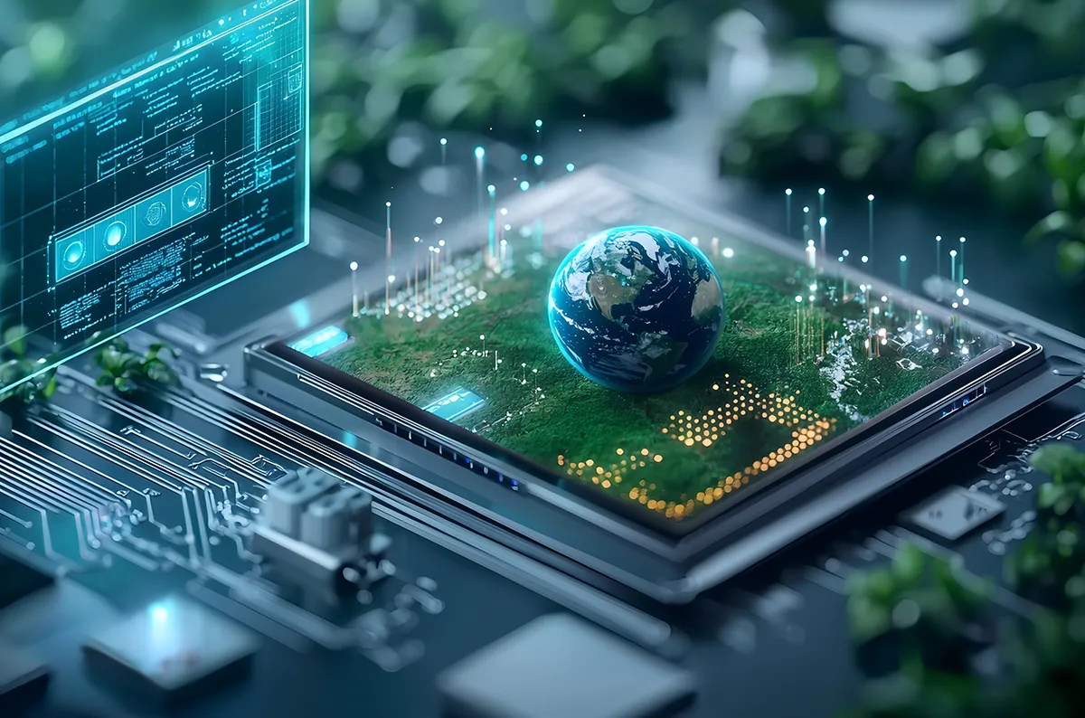 Futuristic scene of quantum computing forecasting climate change impacts with holographic earth models